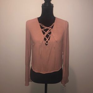 Pink Bell Sleeved Lace Up Top